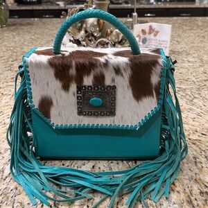 NWT  Teal Leather Fringe Cowhide Crossbody Bag with Turquoise Accent
